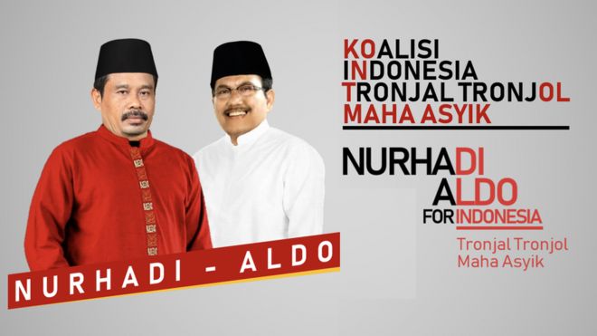 The red letters spell out ‘most enjoyable penis’. Full poster reads, ‘The most fun tronjal-tronjol coalition for Indonesia, Nurhadi-Aldo for Indonesia, most fun tronjal-tronjol’. ‘Tronjal-tronjol’ means losing one’s mind during enjoyable sex activities.