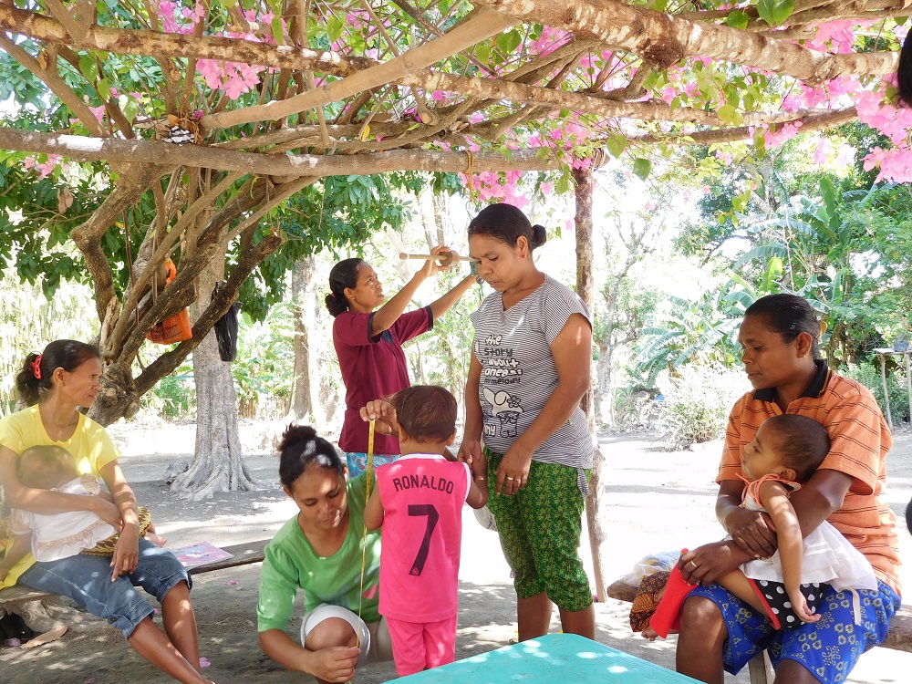 A flurry of activity fills the Posyandu. The Suharto-era health care scheme has successfully continued until today. (Vita Febriany) A woman measures the height of a toddler under a tree, surrounded by other women and children. (Vita Febriany)